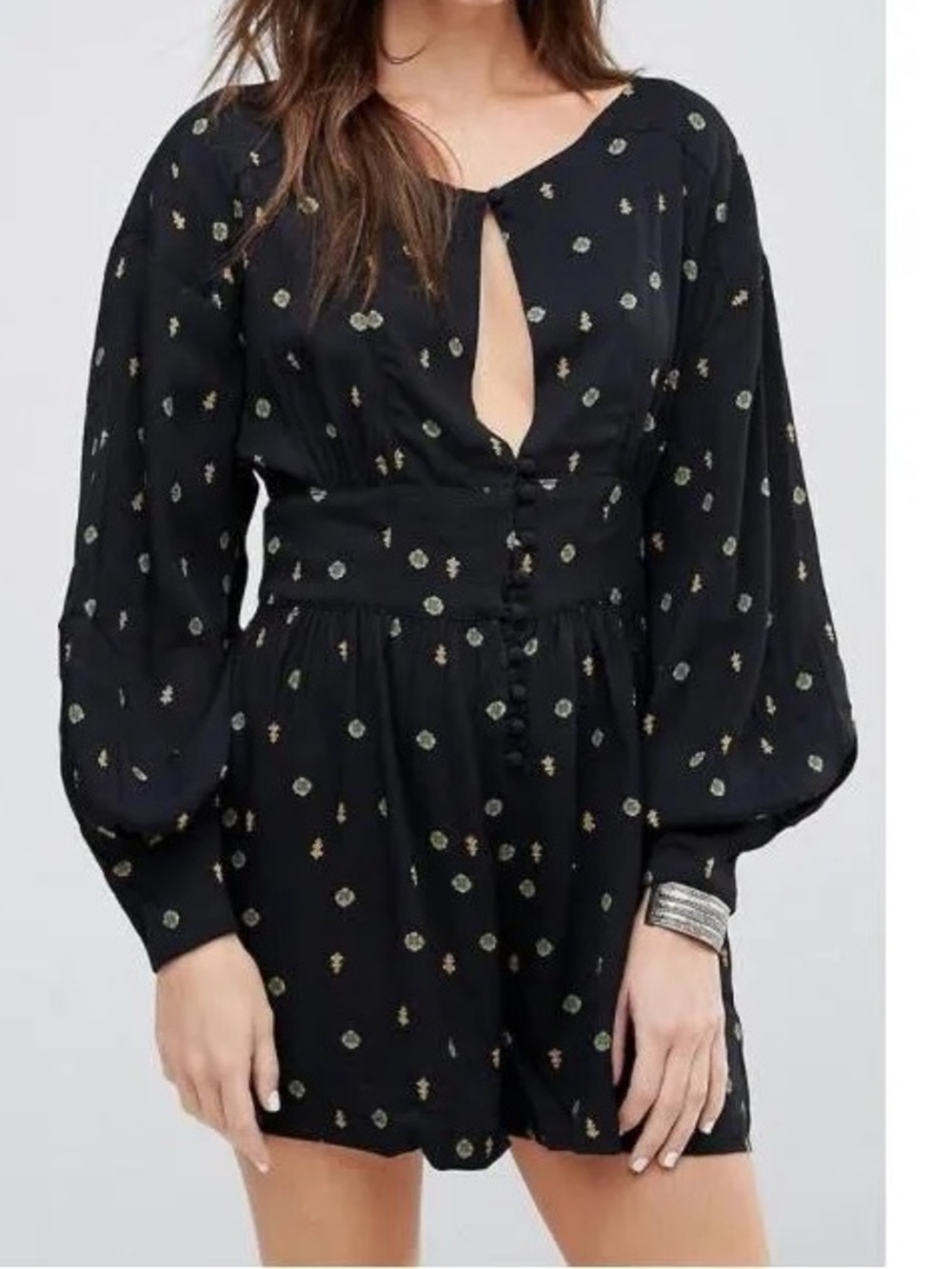 Free People “Love Grows” Front Button Long Sleeve Romper Black Floral Size XS